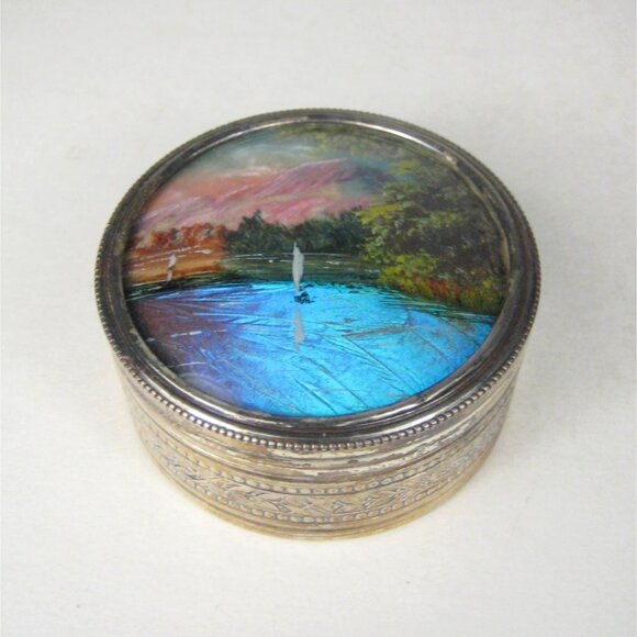 Sterling Silver Reverse Painted Butterfly Wing Sail Boat Trinket Jar Box 925 - Picture 1 of 16
